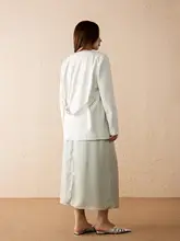 セットアップ レディース テーラードジャケット サテン ストレートスカート ノーカラー TR素材 ミントグリーン 春 きれいめ 通勤 「PLUSMALL」