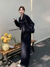 デニム 2点セット レディース テーラード ショートジャケット ワイドパンツ ヴィンテージ 韓流 秋