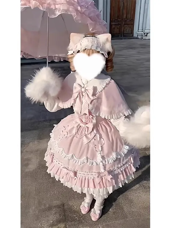 可愛らしいピンクのロリータドレス【フリル付き・ケープデザイン・スウィートスタイル】