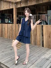 ダークブルー レーストリム Vネック デニムベスト＆ショートパンツ【夏用・甘美なアートスタイル】（セットアップ対応）