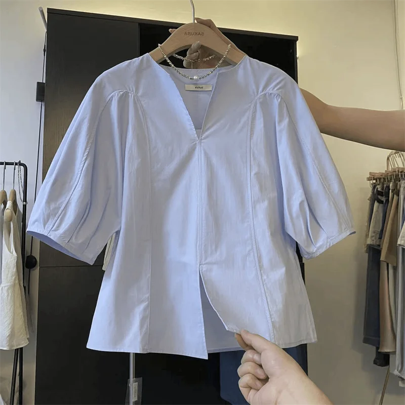 夏用 バルーンスリーブVネックシャツ【高級感のある立体裁断・フレンチスタイル】