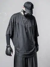 半袖Tシャツ メンズ ストライプ ダーク系 モード系 クルーネック バットウィングスリーブ ビッグシルエット ドレープ 防シワ 夏