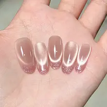 優雅なフレンチスタイルのピンクのキャットアイ爪付け爪【手作り・温柔な印象・美白効果】