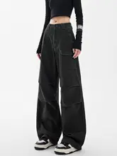 秋冬用 高腰ストレートワイドパンツ【黒色・デニム・工装デザイン・裾フリル】