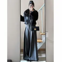 深灰色デザインのワイドレッグブーツカットパンツ【楽に着られるカジュアルなスタイル】（セットアップ対応）