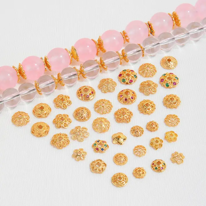 24K真金製 四葉クローバーデザイン ビーズアクセサリー【DIY用・純銀花托付き・パールブレスレット】【セットアップ対応】