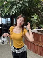 夏にぴったりの薄手ニット半袖Tシャツ【方形ネック・フィット感・イエロー】