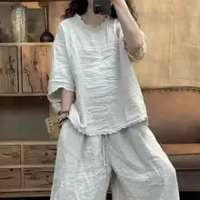 レトロ風リネンレース付きカジュアルTシャツ【女性用・ゆったりシルエット・夏用】（セットアップ対応）