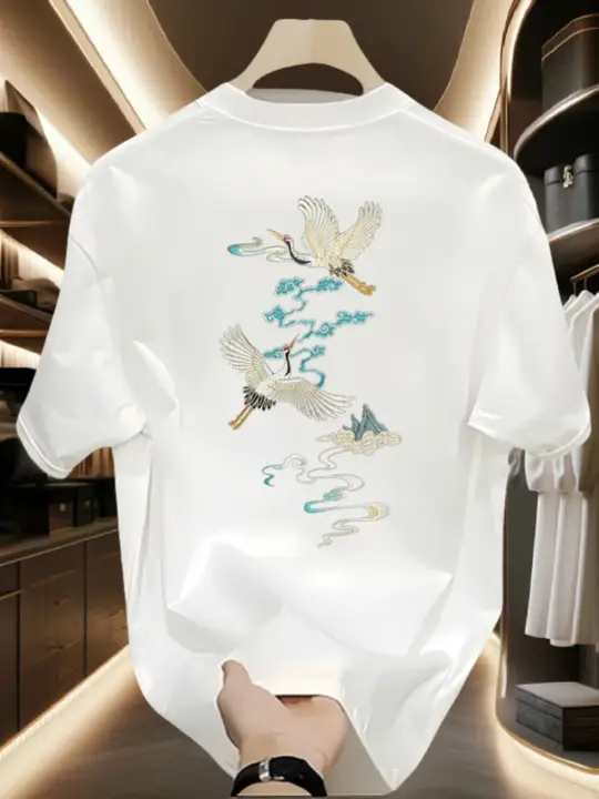 夏用 メンズ 半袖Tシャツ【クリエイティブプリント・ラウンドネック・純綿・中国風】