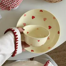 プレート ご飯ボウル 一人用用 陶器 手描き 赤色 小さなハート