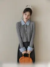 学院風グレーのニットカーディガン【ショート丈・フィットデザイン・秋用】