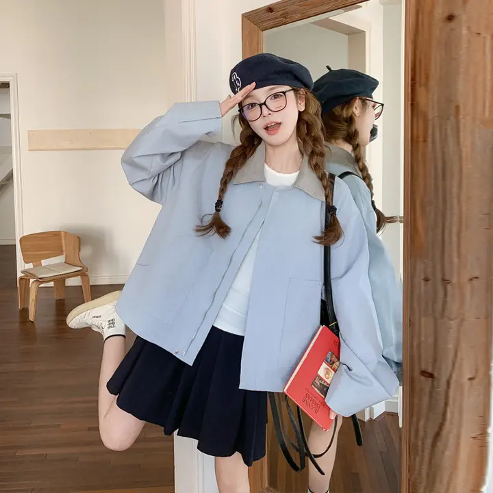 青いフラップカラーの工装ジャケット【女性用・ショート丈・おしゃれデザイン】