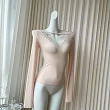 POPW レース切替長袖トップス【柔らかい生地・プレーン・カジュアル】