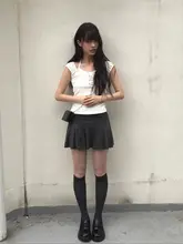 夏用大きな襟のレース切り替え半袖Tシャツとひだ入りスリムシルエットミニスカート（セットアップ対応）