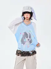 可愛い犬のデザイン Vネック長袖Tシャツ【秋用・フィット・通気性・防紫外線】