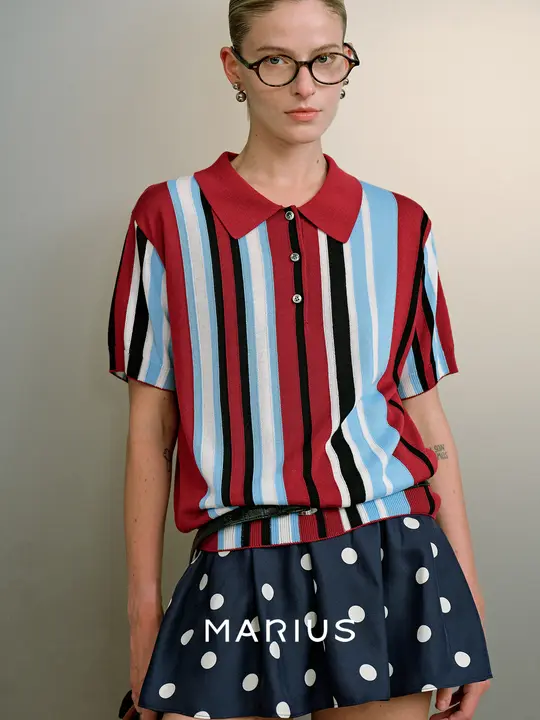 MARIUS ポロ襟ストライプニットTシャツ【短袖・レトロデザイン・フィット】