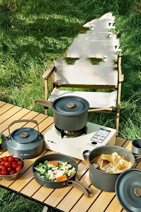 拓村 アウトドア鍋セット【キャンプ用・ポータブル・調理器具・水沸かし・炒め鍋・煮物鍋・フライパン】