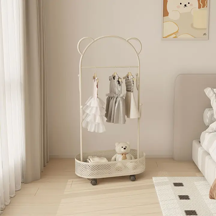 子供用メタルハンガーラック【移動式・リビングや寝室に最適・収納付き】