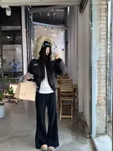 感漂うブラック加絨ワイドパンツ【秋冬用・微喇デザイン・女性用】