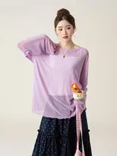 透け感のあるフラワーレースデザインの長袖Tシャツ【紫・女性用・夏向け】