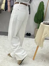 薄手フリース使用の米白色ワイドレッグデニムパンツ【高腰・ストレート・秋用】