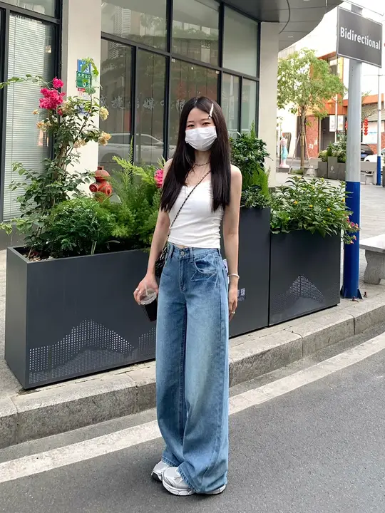 美式中低腰デニムパンツ【レトロウォッシュブルー・ゆったりシルエット・スリム効果】（セットアップ対応）