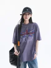 Tシャツ レディース 半袖 クルーネック アメリカン風 ストリート フラッグ柄 ヴィンテージ加工 ウォッシュド サブカル風 夏