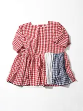 格子柄の切り替えデザイン 半袖ルーズフィットシャツ【四角い襟・夏用・文芸スタイル】