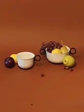 suomu デザインのレトロ風ダブルハンドル陶器碗【フランス風・マルチカラー】