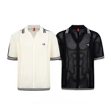 夏用VネックポロTシャツ【ニット生地・短袖・リラクシーなシルエット・透かし編みデザイン】