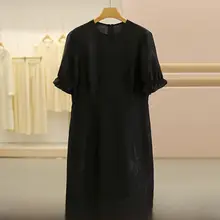 花柄デザインのウエストマークワンピース【シルク混・短袖・ブラック】