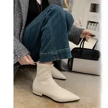 シンプルデザイン ポインテッドトゥフラットブーツ【女性用・秋冬向け・ストレッチ素材】