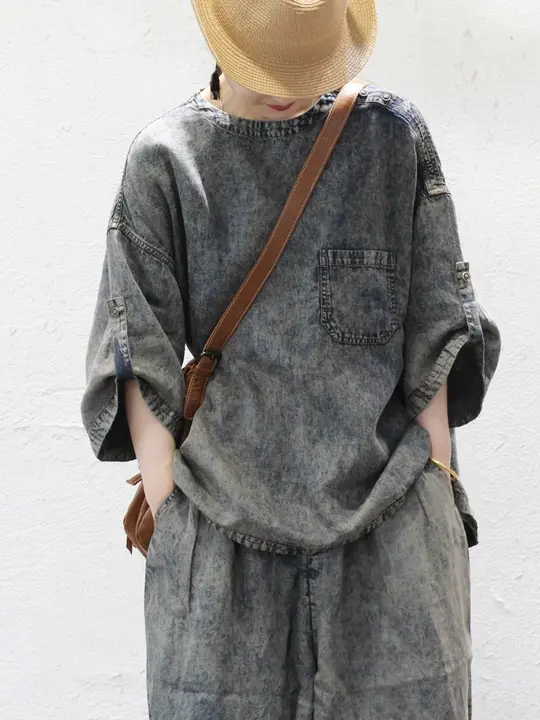 夏用 天絲麻デニムTシャツ【ヴィンテージ風・ユニセックス】