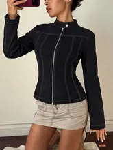 ライダースジャケット レディース デニム風 アメカジ ヴィンテージ バイカラー ステッチ ウエストシェイプ 長袖 着回し クール アウター「ROCKMORE」