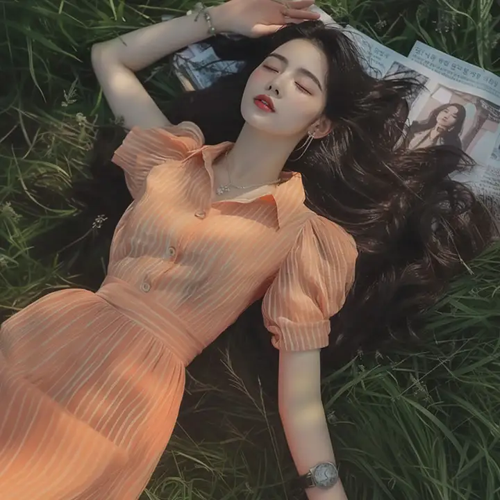 オレンジストライプシャツワンピース【シンプルデザイン・夏用・ロング丈】