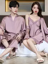 春秋夏用カップルパジャマ【長袖・アイスシルク・女性用キャミソールワンピース・男性用バスローブ・涼感タイプ・ホームウェア】（セットアップ対応）