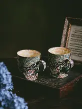 ハンドメイドのレトロ手描き陶器コーヒーカップ【ユニークデザイン・マグカップ・朝食用】