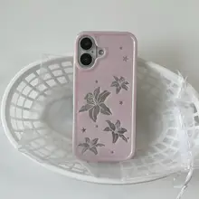 ハンドメイドのフラワーデザインiPhoneケース【百合と星のモチーフ・落下防止】