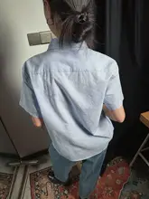 レトロ刺繍のリネン半袖シャツ【ライトブルー】