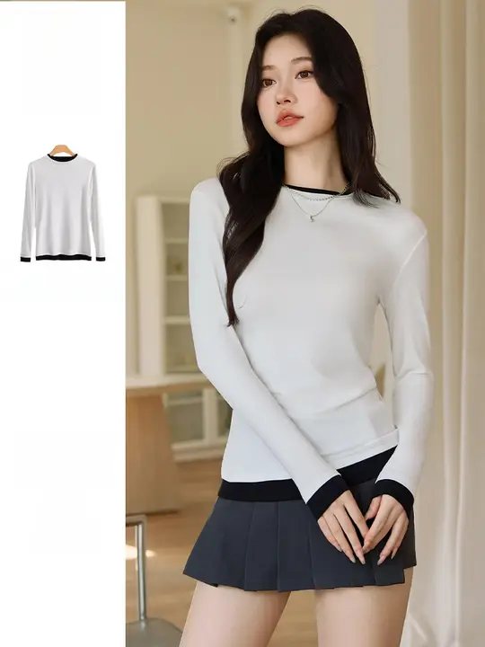 秋冬にぴったりなレディースクルーネックニットトップス【長袖・重ね着風デザイン】