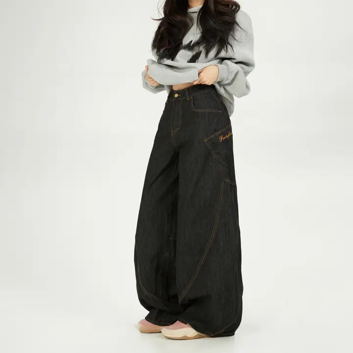 高級感あふれる ブラックワイドレッグデニムパンツ【ハイウエスト・女性用・シンプルデザイン】