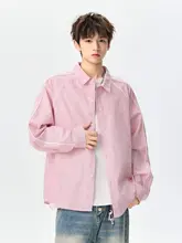 秋季用のストライプデザイン長袖シャツ【ユニセックス・ビンテージ風・ルーズフィット】（セットアップ対応）