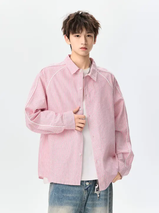 秋季用のストライプデザイン長袖シャツ【ユニセックス・ビンテージ風・ルーズフィット】（セットアップ対応）