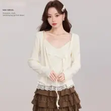 白褶边デザインの甘美なニットトップス【春夏用・二重構造・女性用】（セットアップ対応）