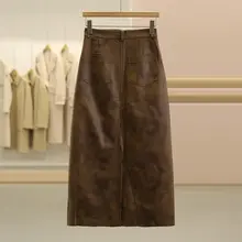 レトロ風ハイウエストタイトスカート【膝下丈・Aライン・冬用】