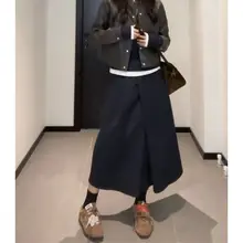 深紺色Aラインハイウエストスカート【大きいサイズ・梨型体型に最適・ミディ丈】（セットアップ対応）