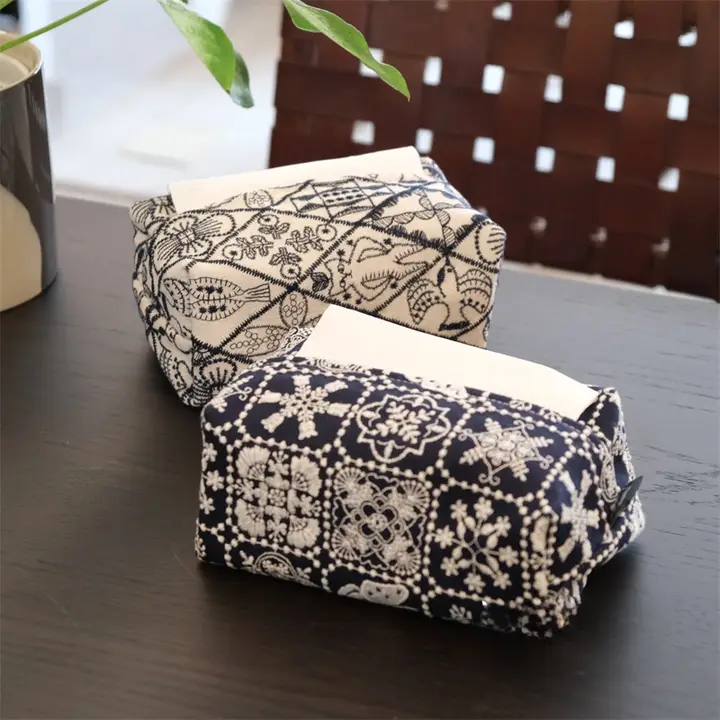 高級刺繍ティッシュボックス【中華風・コットンリネン・車載用・収納タイプ】
