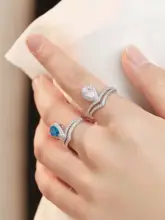 モザン石一カラの二重婚約指輪【水滴デザイン・925純銀・18kプラチナ仕上げ・豪華な王冠風】