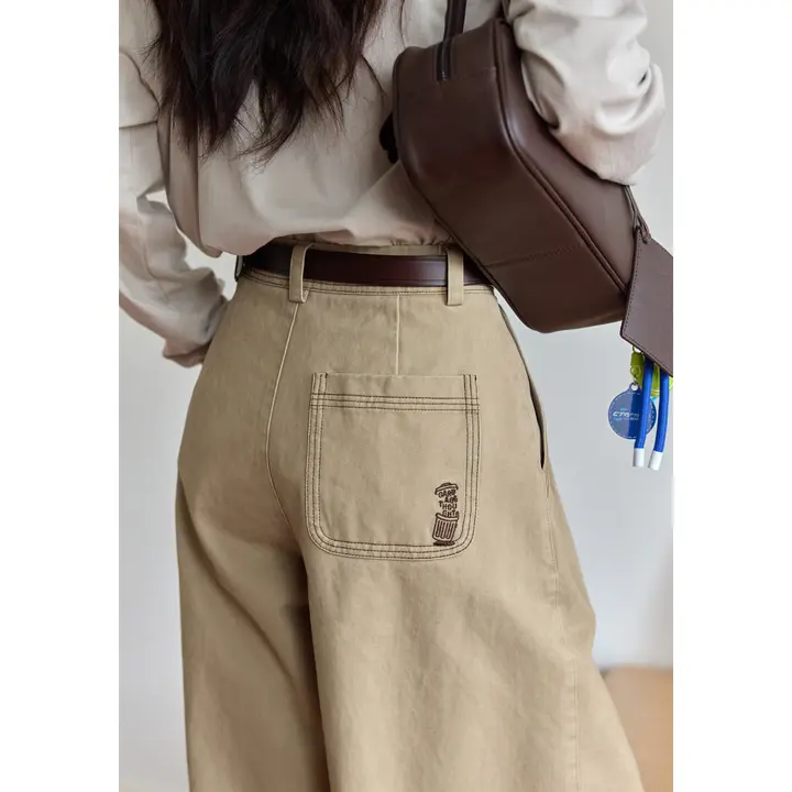 春季カジュアルパンツ【ストレート・刺繍デザイン・ハイウエスト・ワイドレッグ】（セットアップ対応）
