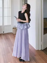 紫色のロマンティックなフリルレイヤーのタンクトップとプリーツスカート【夏用・優雅な雰囲気・セットアップ対応】